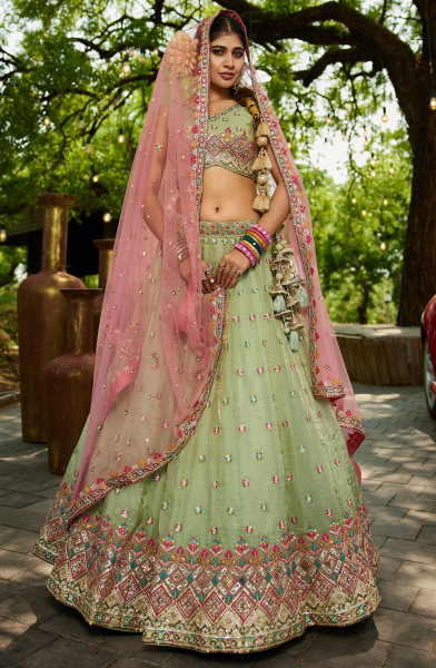 Pastel Green Embroidered Tissue Designer Lehenga Choli
