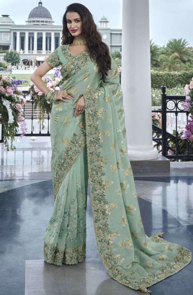 Pastel Green Embroidered Viscose Silk Designer Saree