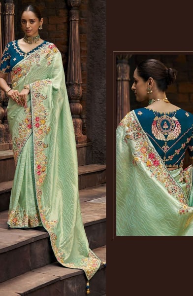 Pastel Green Embroidered Viscose Tissue Designer Saree