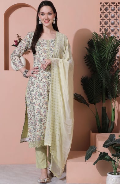 Pastel Green Floral Print Cotton Pant Kameez