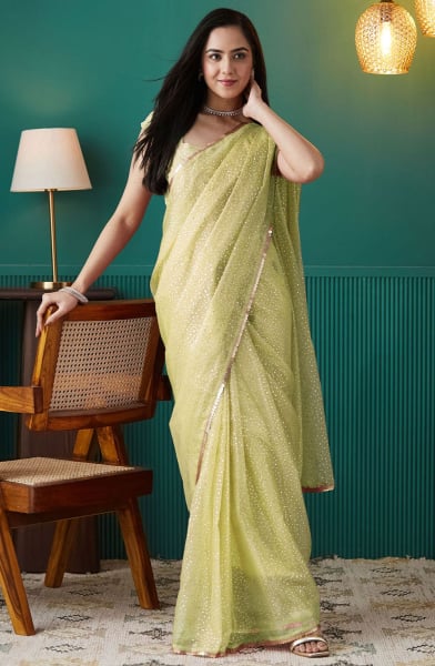 Pastel Green Foil Print Organza Ready to Wear Saree