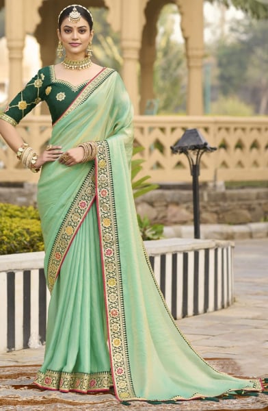 Pastel Green Georgette Saree with Embroidered Blouse