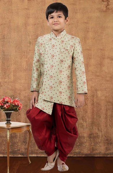 Pastel Green Jacquard Silk Kids Indo Western