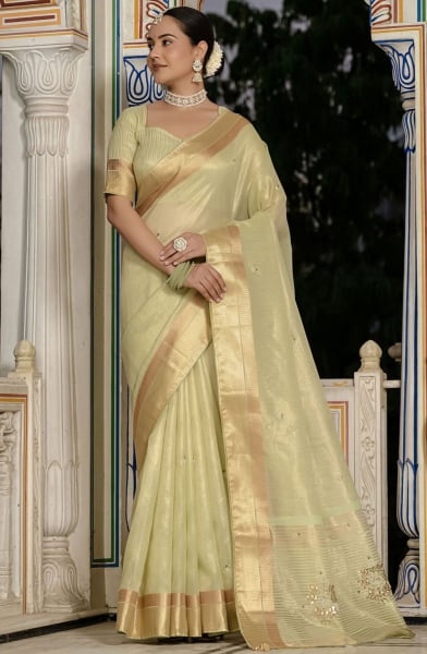Pastel Green Khatli Work Linen Tissue Saree