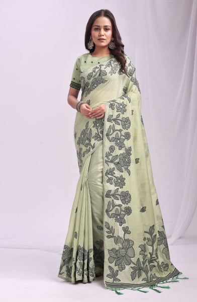 Pastel Green Linen Cotton Party Wear Saree