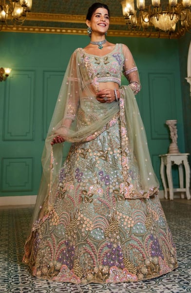 Pastel Green Net Heavy Designer Lehenga Choli Set for Wedding