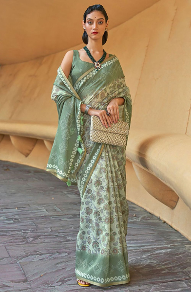 Pastel Green Printed Cotton Party Wear Saree