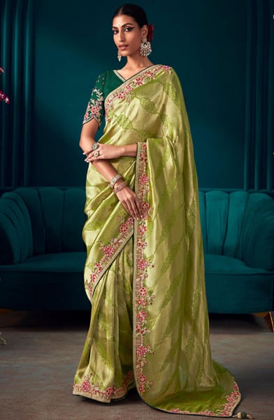 Pastel Green Pure Banarasi Kanjivaram Silk Embroidered Saree