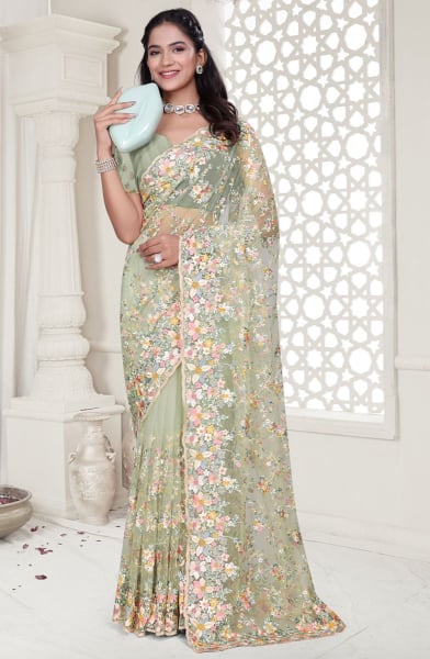 Pastel Green Resham Embroidered Net Saree