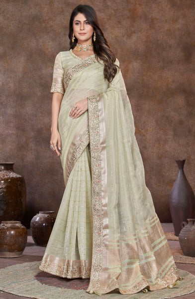 Pastel Green Sequins Embellished Dyed Silk Saree