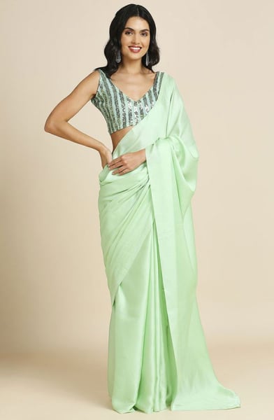 Pastel Green Silk Saree with Sequins Embroidered Blouse