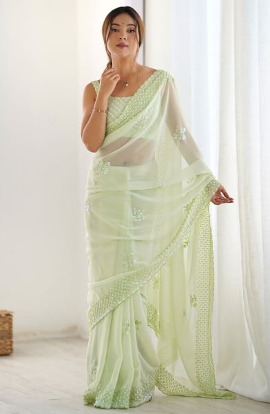 Pastel Green Thread Embroidered Georgette Saree