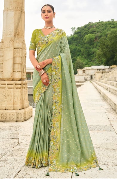 Pastel Green Tissue Silk Embroidered Designer Saree 
