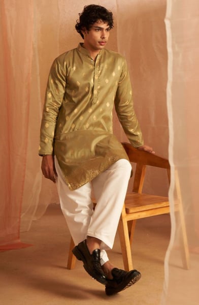Pastel Green Viscose Men Kurta Set