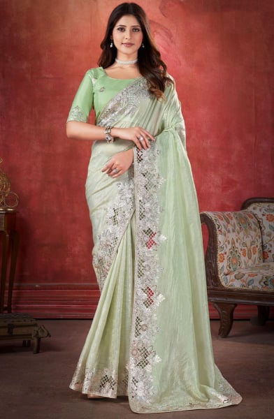 Pastel Green Zari Cut Work Crushed Silk Saree