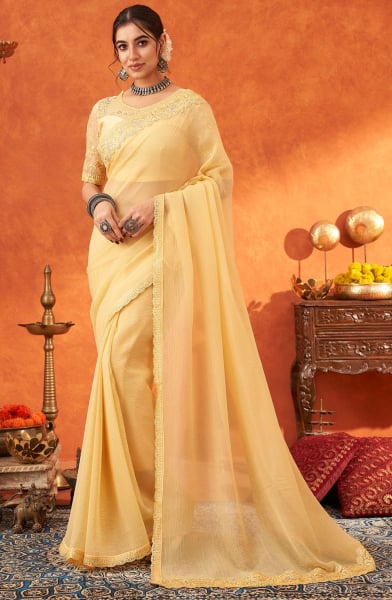 Pastel Yellow Chiffon Silk Saree with Embroidered Blouse