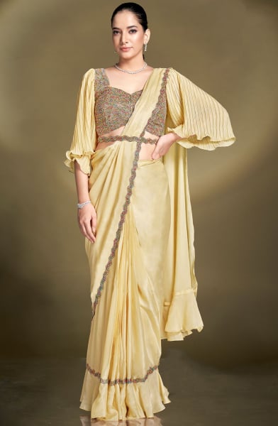 Pastel Yellow Crepe Satin Silk Sequins Ready to Wear Saree