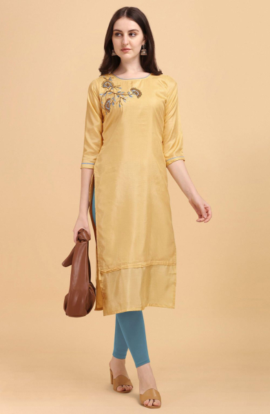 Pastel Yellow Dola Silk Embroidered Kurti