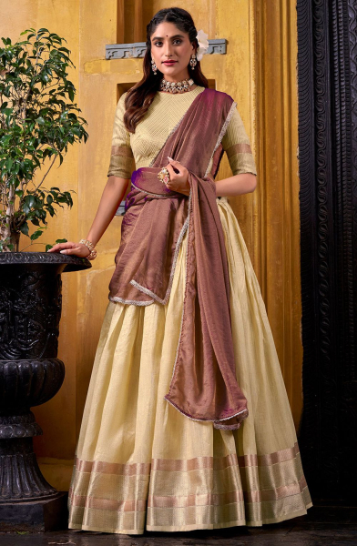 Pastel Yellow Dupion Silk Lehenga Choli for Ceremonial
