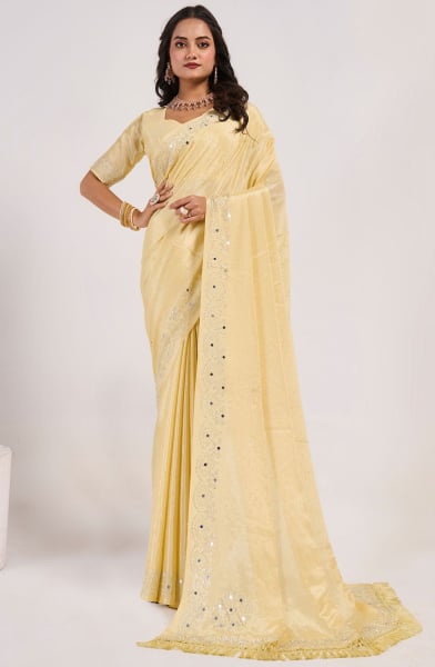 Pastel Yellow Embellished Chinnon Saree
