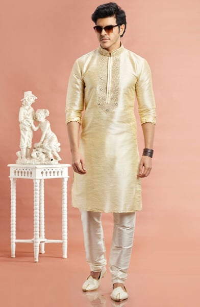 Pastel Yellow Embroidered Banarasi Art Silk Kurta Set