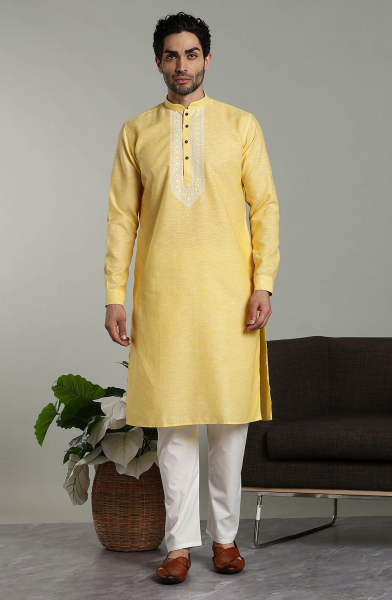 Pastel Yellow Embroidered Cotton Linen Kurta Set