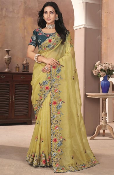 Pastel Yellow Embroidered Organza Designer Saree