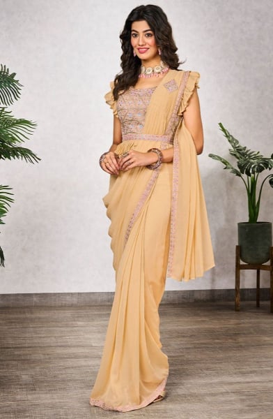 Pastel Yellow Embroidered Shimmer Georgette Ready to Wear Saree