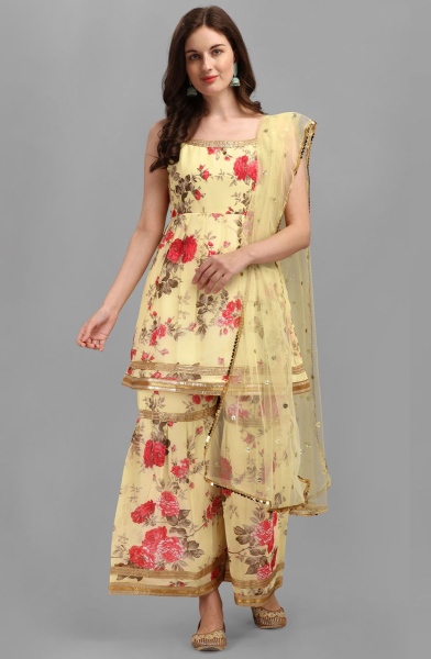 Pastel Yellow Floral Print Georgette Sarara Kameez