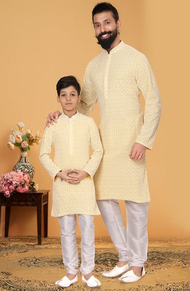Pastel Yellow Georgette Father Son Kurta Set Combo
