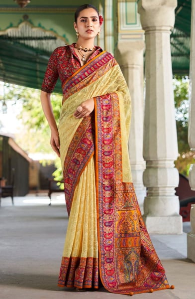 Pastel Yellow Lucknowi Viscose Georgette Saree with Foil Print