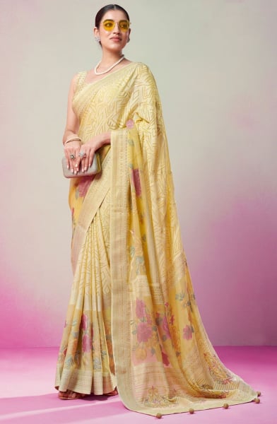 Pastel Yellow Printed Viscose Georgette Saree