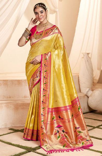 Pastel Yellow Zari Woven Paithani Tissue Silk Saree