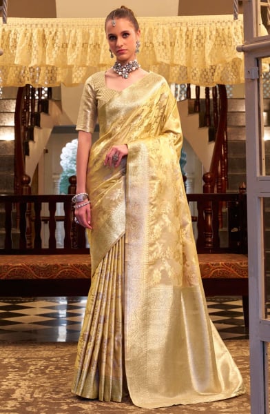 Pastel Yellow Zari Woven Satin Silk Saree