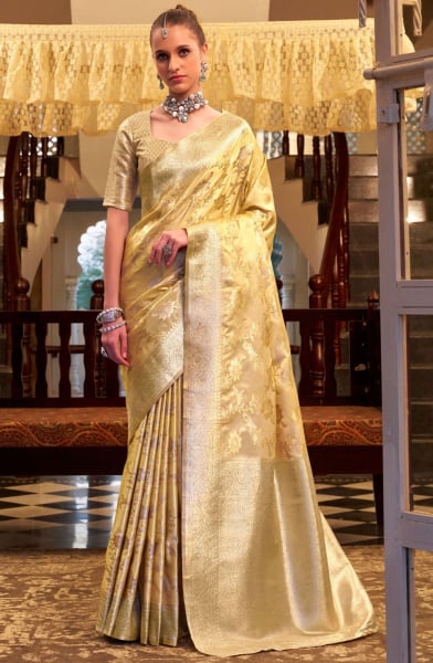Pastel Yellow Zari Woven Satin Silk Saree