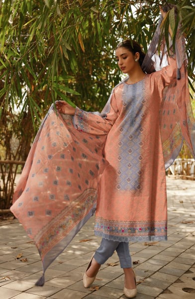 Peach and Lavender Printed Pure Muslin Pant Kameez