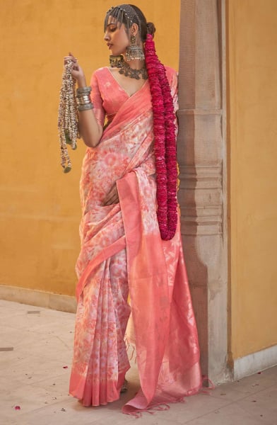 Peach and White Abstract Print Silk Saree with Weaving
