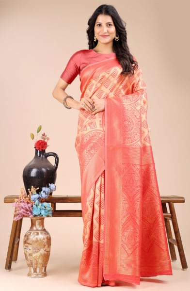 Peach Banarasi Silk Woven Saree