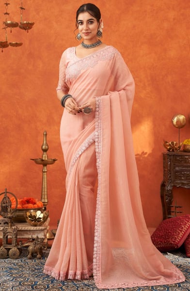 Peach Chiffon Silk Saree with Embroidered Blouse