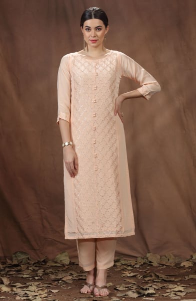 Peach Chinnon Readymade Kurta