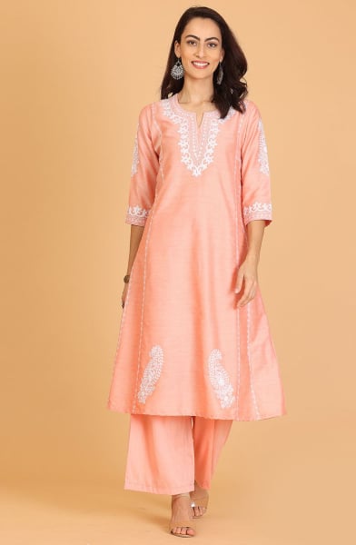 Peach Cotton Silk Readymade Kurta with Bottom