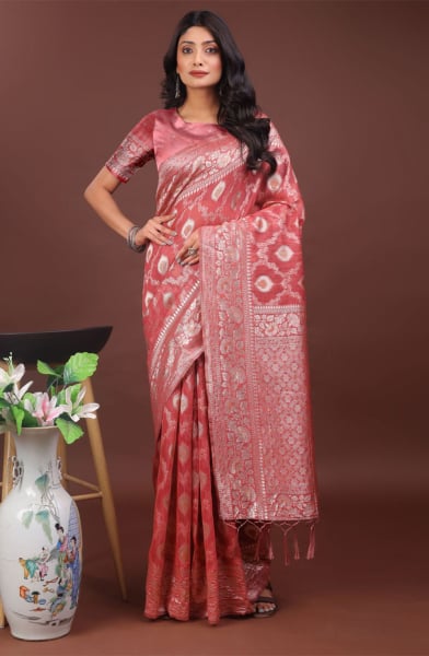 Peach Cotton Woven Saree