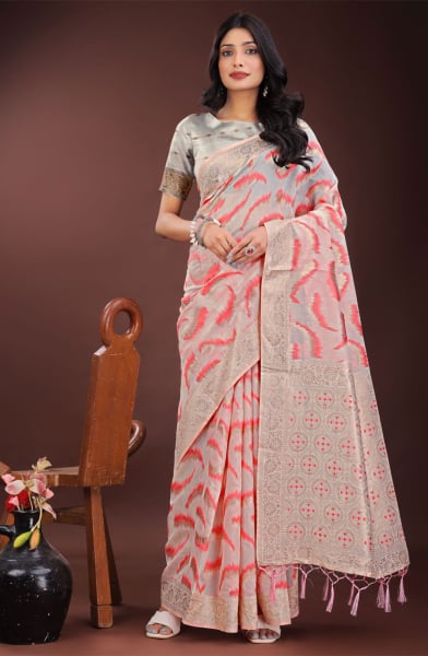 Peach Cotton Woven Saree
