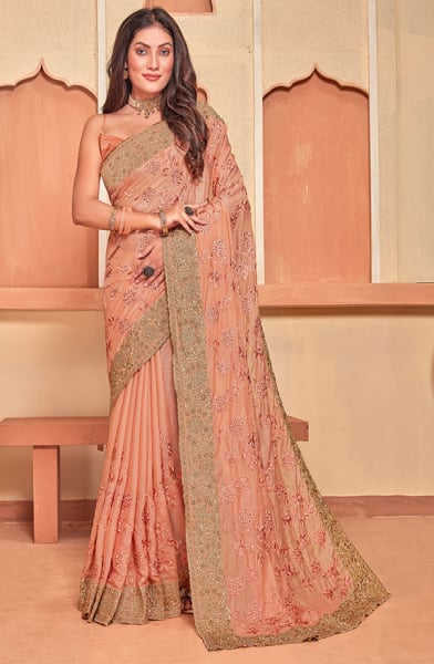 Peach Crape Silk Resham Embroidered Saree