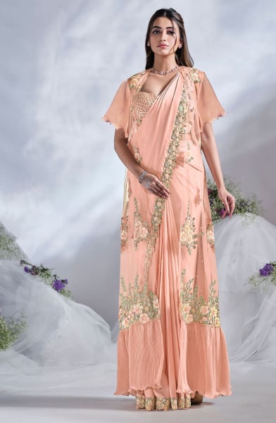 Peach Crepe Satin Silk Ready to Wear Designer Saree