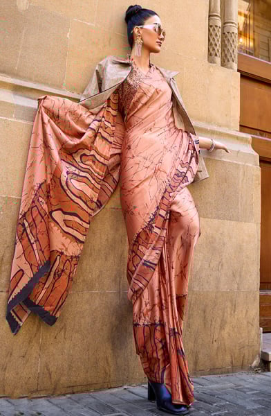 Peach Digital Print Satin Crepe Saree