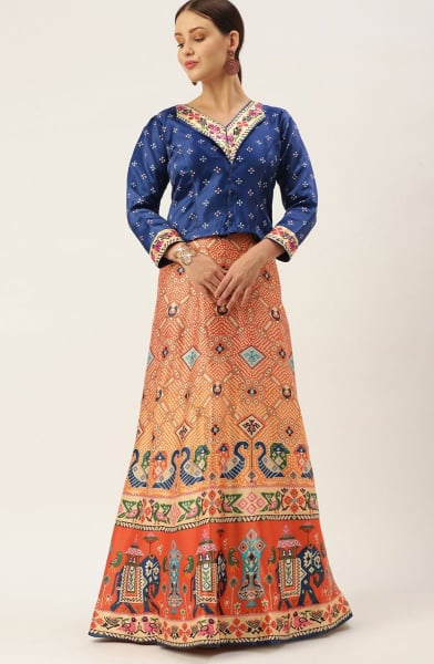 Peach Digital Print Satin Silk Lehenga Choli
