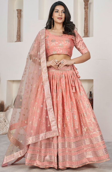 Peach Dola Jacquard Lehenga Choli with Net Dupatta