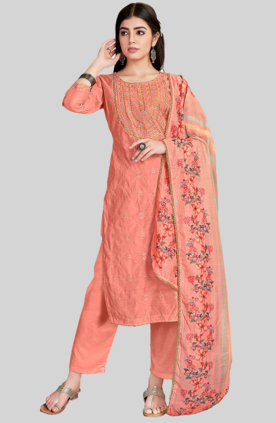 Peach Embroidered Chanderi Silk Pant Kameez