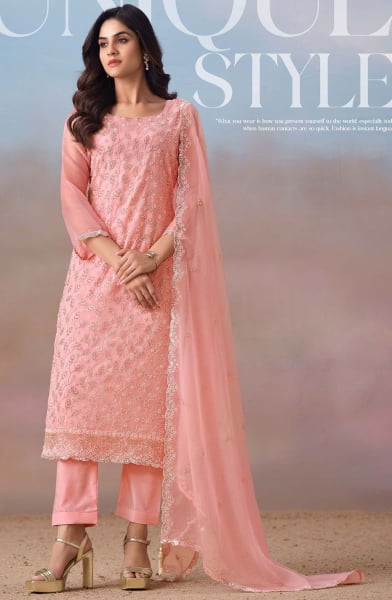 Peach Embroidered Chiffon Plus Size Suit
